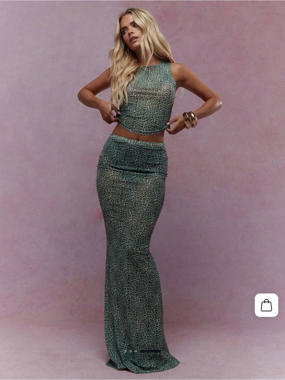 Missguided 2 piece green sheer leopard mesh set - maxi skirt and tank top - M